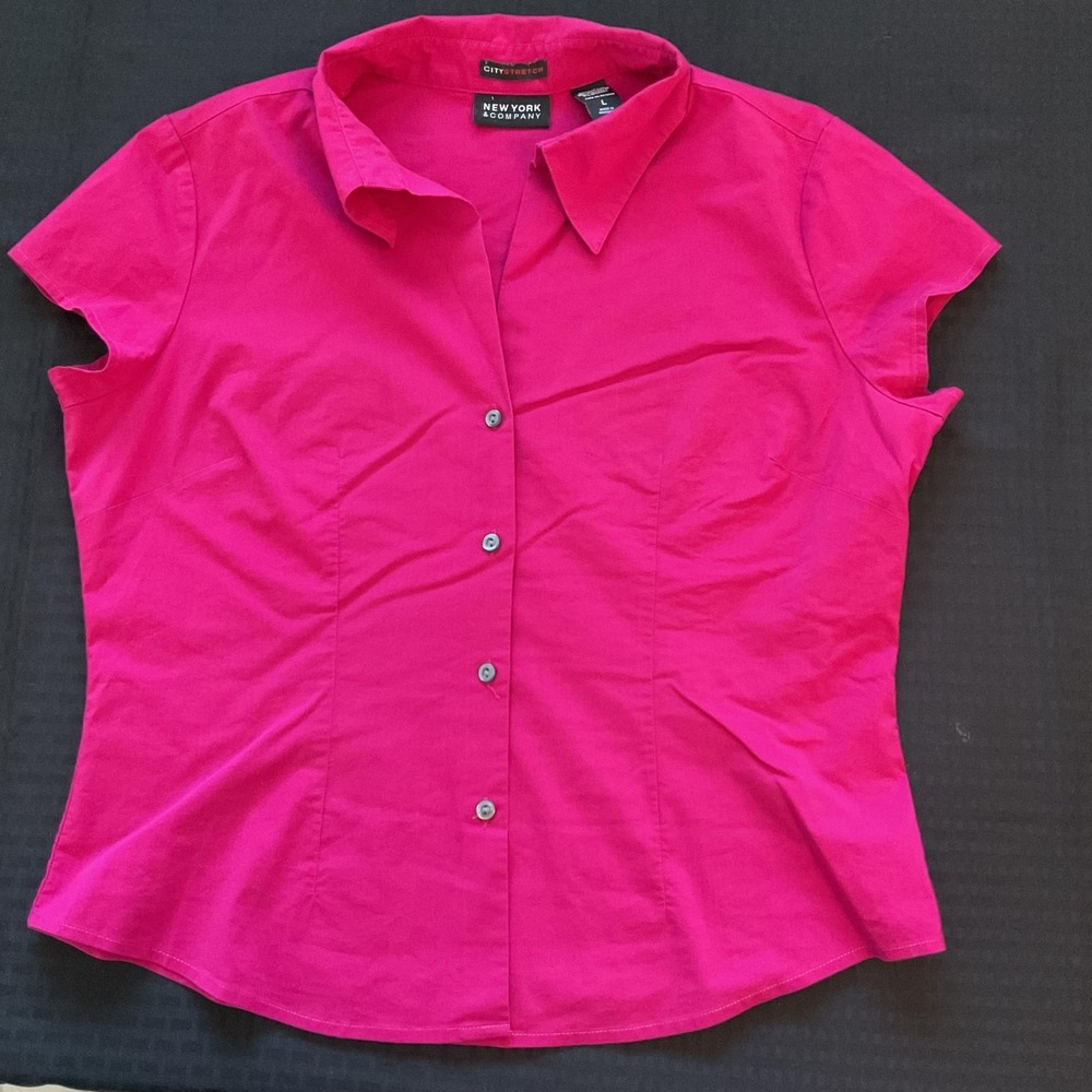 New York & Company Shirt‎ Womens Medium Pink City Stretch Button Short Sleeve
